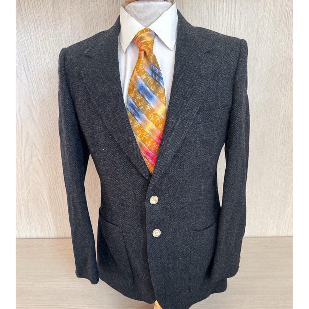 Vintage Ah! Austin Hill Wool Black Herringbone Tweed Sport Coat Sz 39R USA Made